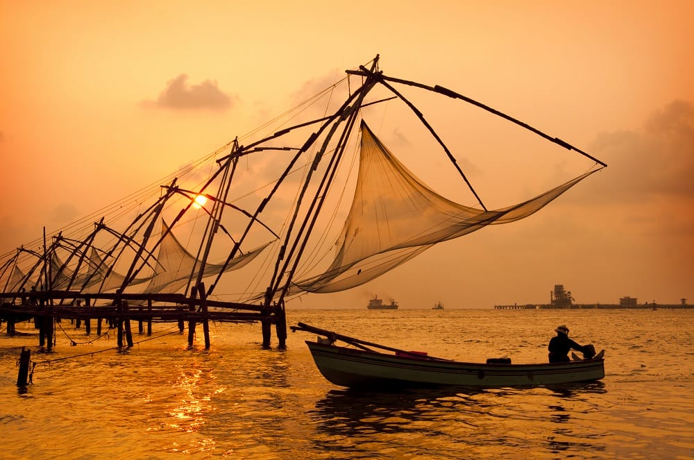 Fischernetze Sonnenuntergang Cochin Indien