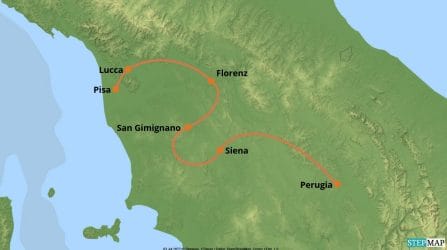 Reisekarte Tour durch die Toskana und Umbrien